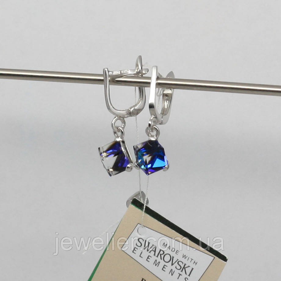 Сережки срібні "Swarovski Куб Д6" Bermuda Blue - Океан родовані