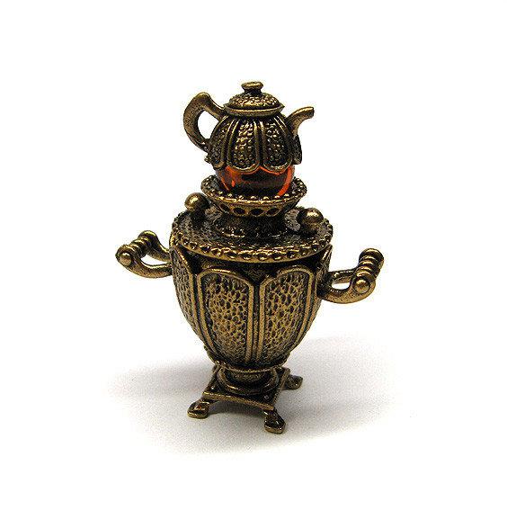 Статуетка Самовар бронзова мініатюра з бурштином, фото 1