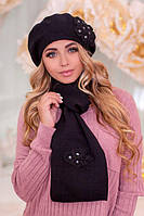 Зимний женский комплект «Колерия» (берет и шарф) Черный