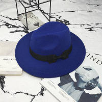 Шляпа женская фетровая Федора с устойчивыми полями и бантиком синяя (электрик)