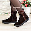 Замшеві черевики жіночі на плоскій підошві, декоровані шкіряними вставками, фото 5