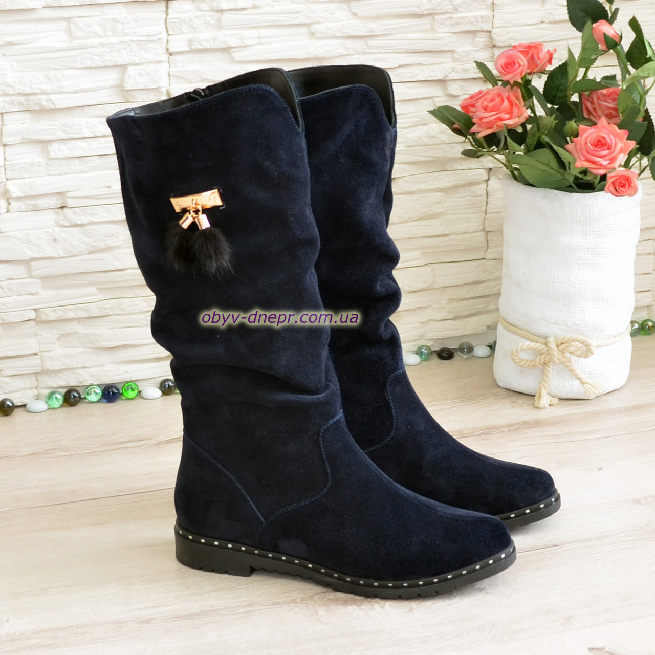 Чоботи жіночі замшеві синього кольору, фото 1