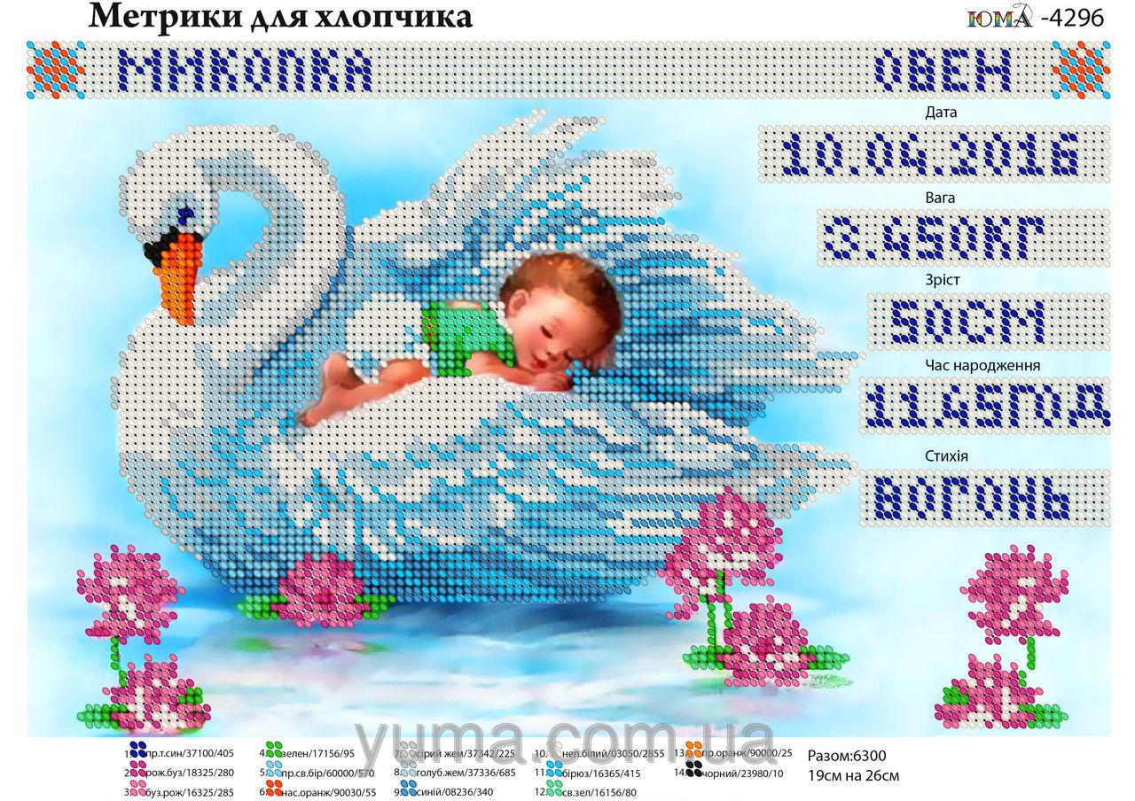 Схема вишивки бісером на атласі Метрика для хлопчика  ЮМА-4296