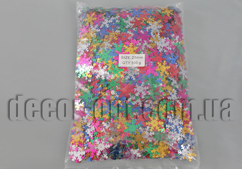 Паєтки сніжинки кольорові 2,5 см 500 г