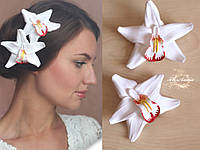 "Белая орхидея с росписью" заколка для волос цветок из полимерной глиной ручной работы(1шт)