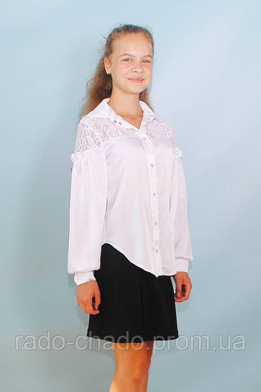  Красива ошатна шолкова з мереживом шкільна блуза для дівчаток-підлітків /122-158/біла