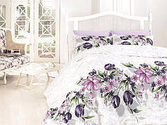 Бавовняна тканина для постільної білизни, біла Бязь Gold Lux принт фіолетові квіти, в рулоні 50м