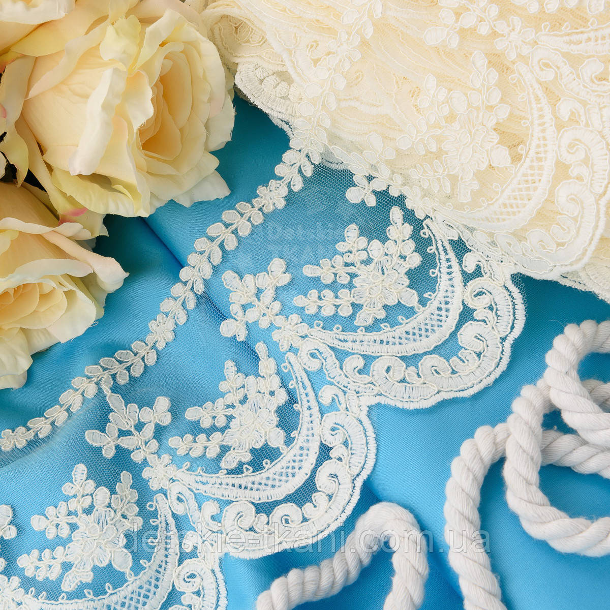 Мереживо з кордовими хвилями із завитушок, кремового кольору, 13 см, фото 1