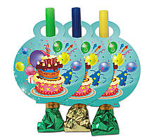 Язычок  гудок карнавальный " З Днем Народження синий ", 6 шт в уп