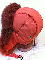 Вушка з оранжевої плащівки та теракотового хутра кролика