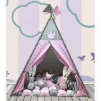 Вігвам Комплект Бонбон Принцеса рожевий з сірим з подушками, дитячий ігровий намет