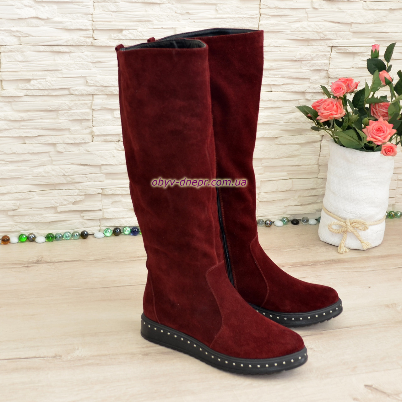 Чоботи-труби замшеві на товстій підошві, колір бордо, фото 1