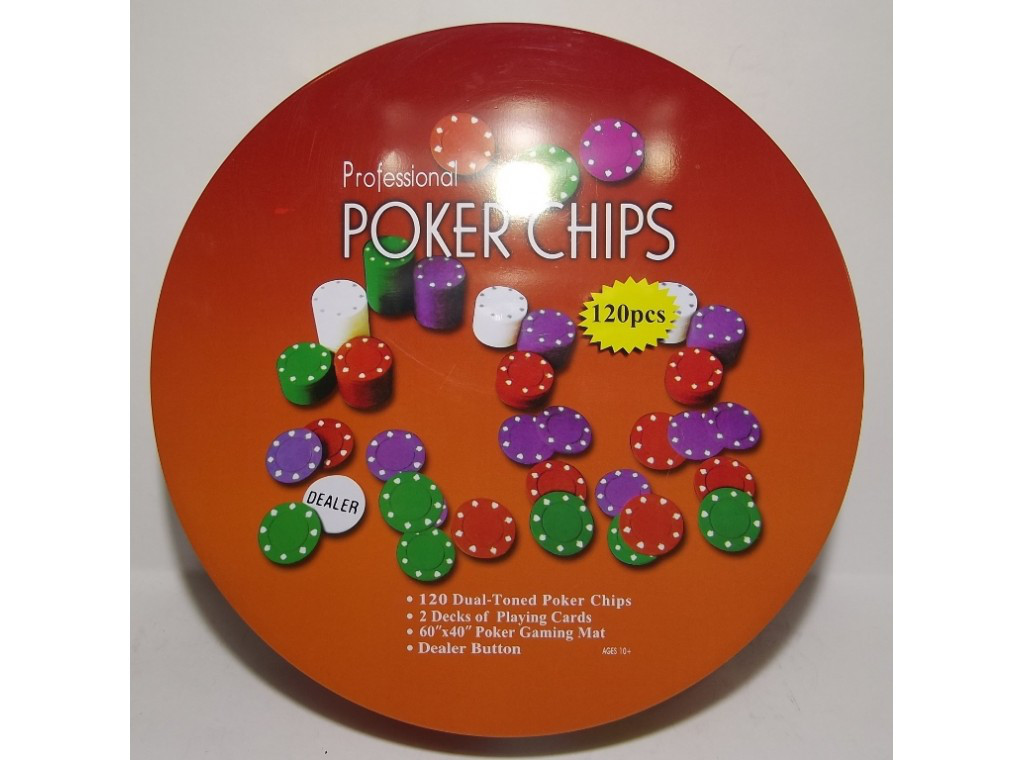 Набір для гри в покер в металевій упаковці (120 фішок+2 колоди карт+полотно), фото 1