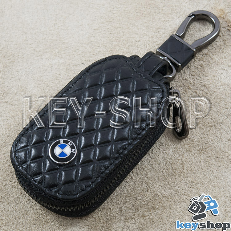 Ключниця кишенькова (шкіряна, чорна, з тисненням, з карабіном, кільцем), логотип авто BMW (БМВ)