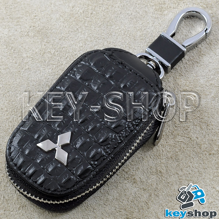 Ключниця кишенькова (шкіряна, чорна, з тисненням, на блискавці, з карабіном), логотип Mitsubishi (Міцубісі)