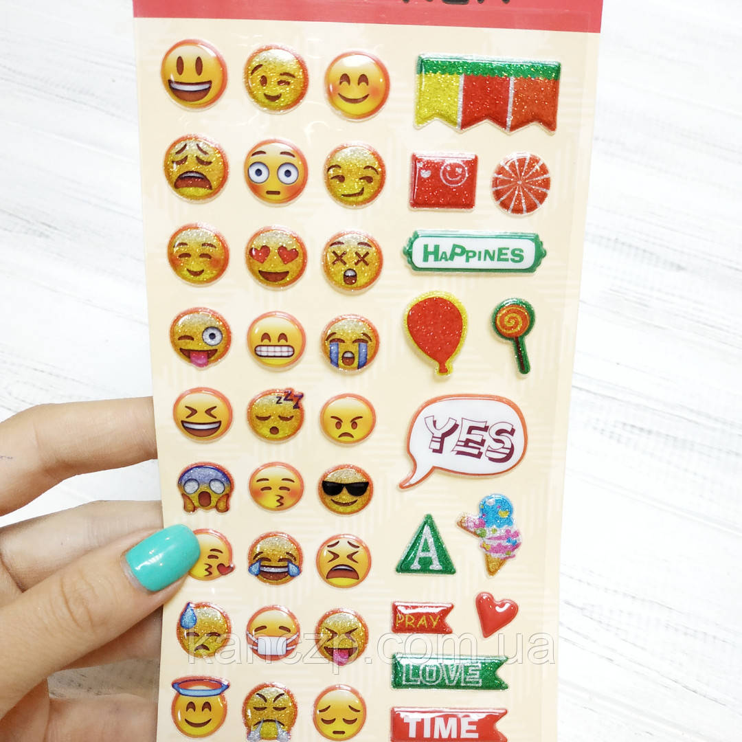 Наклейки об'ємні Смайли з глітером, фото 1