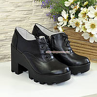 Туфли женские кожаные на шнуровке, высокий каблук, цвет черный