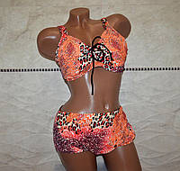 Универсальный батальный женский купальник на большую грудь, размер 62, оранжевого цвета, высокие плавки.