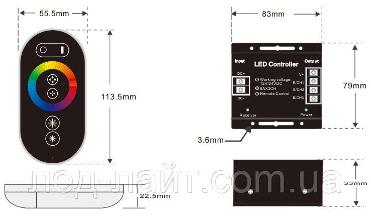 Контроллер RGB 12-24В 18А, пульт RF сенсорный - фото 3 - id-p61893306