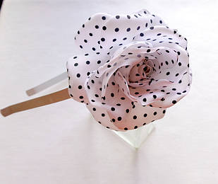 Обруч білий для волосся з квіткою ручної роботи текстиль "Горошок чорний"