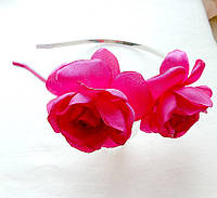 Обруч розовый для волос с цветами ручной работы текстиль "Малиновая роза"