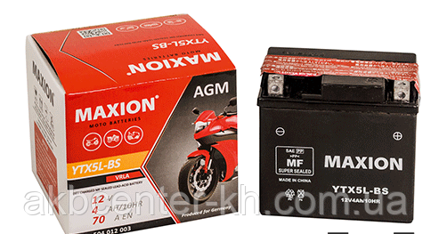 Мото аккумулятор MOTO AGM MAXION YTX 5L-BS (12V, 4A), фото 1