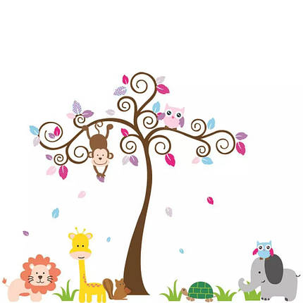 Наклейка в дитячу, на шафу "звірі на галявині, а сова з мавпочкою на дереві" 148см*190см (2листа 60*90см), фото 2