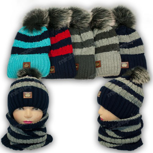 ОПТ Комплект - шапка с помпоном и шарф (хомут) для мальчика, р. 52-54 (5шт/набор) - фото 1 - id-p758417636