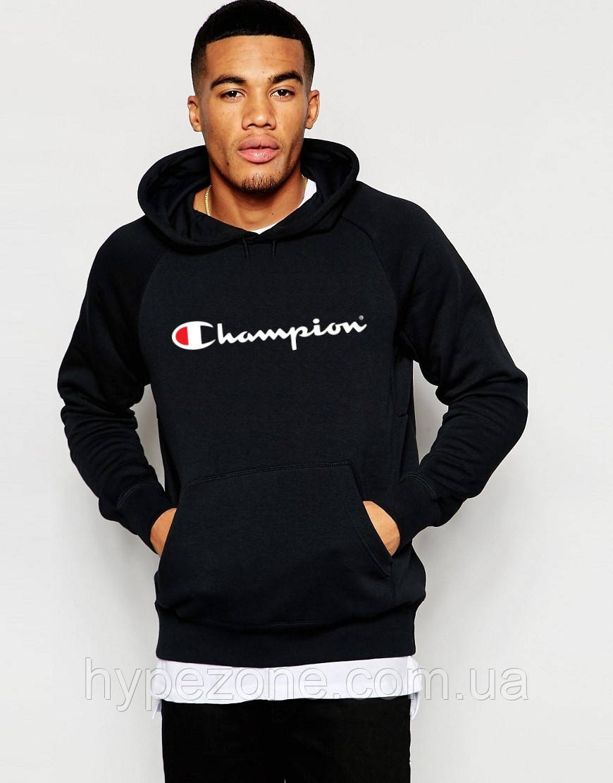 Спортивна кофта Champion HOODIE Толстовка чоловіча з капюшном Кенгуру чорне з логотипом Чемпіон Худі Чампіон