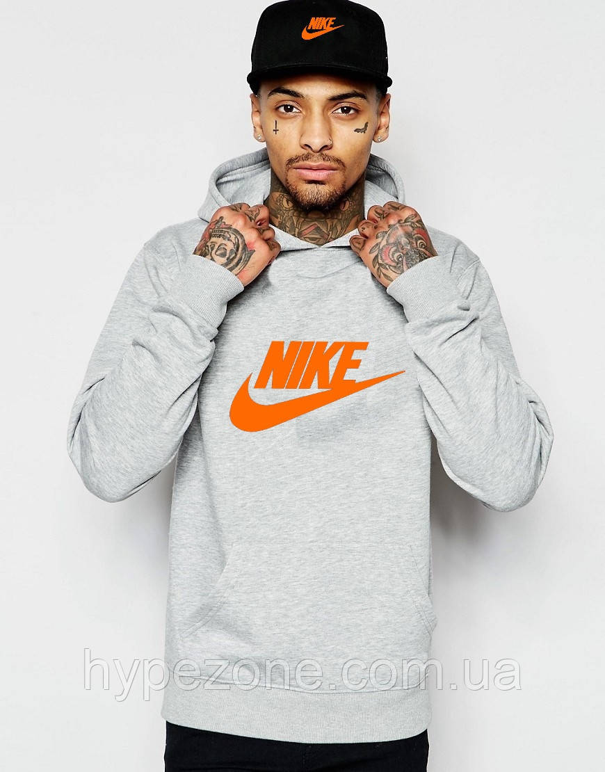 Худі Nike ( Найк ) | Чоловіча толстовка | Кенгурушка сіра, помаранчевий принт, фото 1