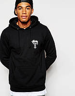 Толстовка чорна чоловіча з принтом Стасси STUSSY | Кенгурушка лого спереду