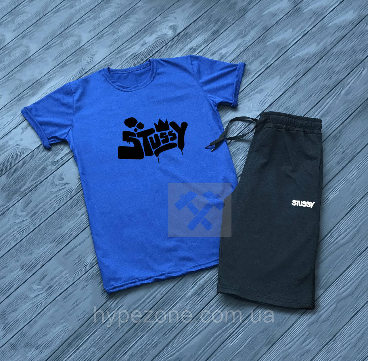 Чоловічий комплект футболка + шорти Stussy синього і чорного кольору