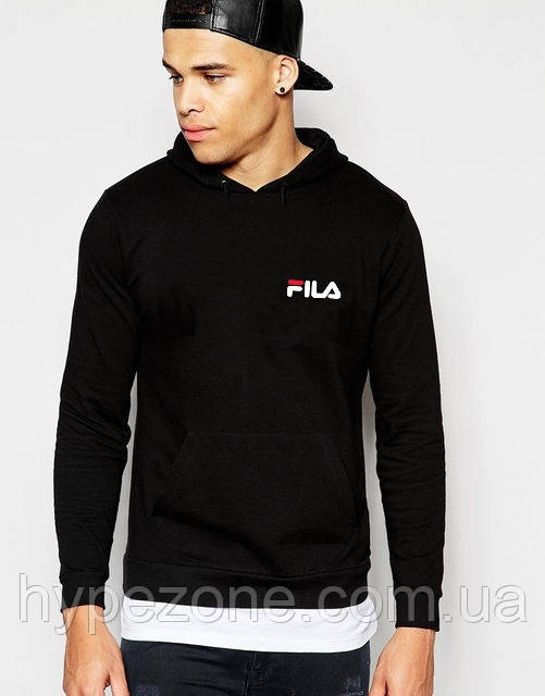 Кофта спортивна чоловіча Філа HOODIE Fila Толстовка трикотажна з капюшоном Кенгурушка чорна принт Філа Худі