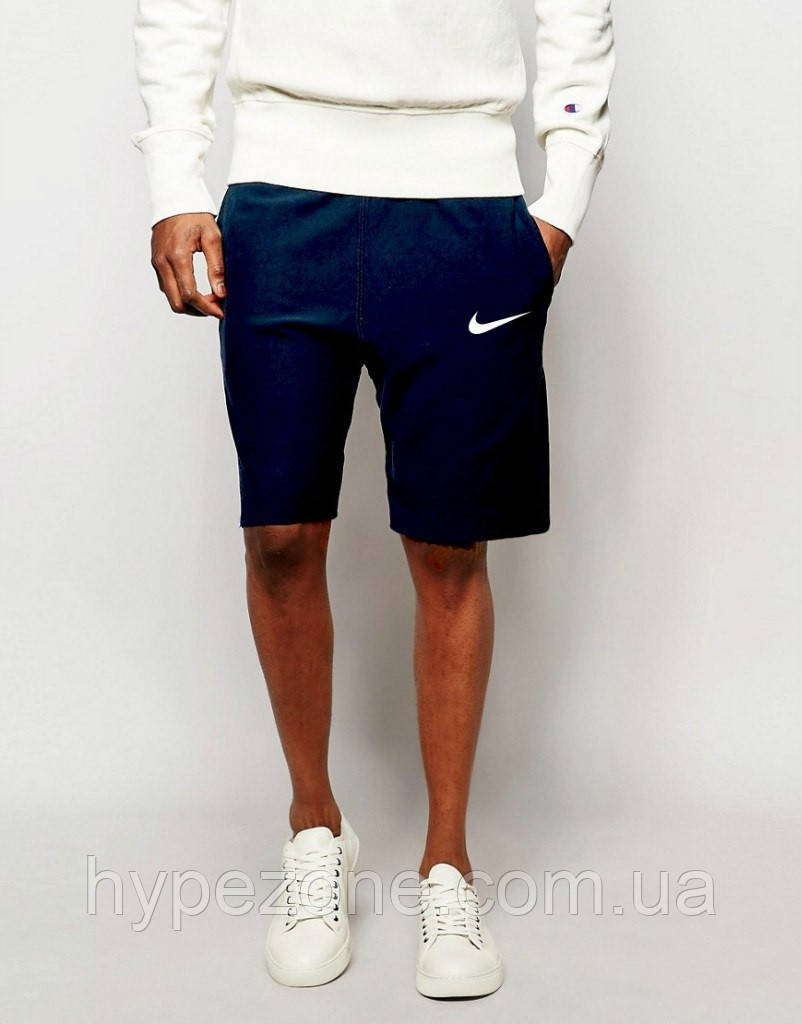 Чоловічі Шорти Nike темно сині з кишенями. Капрі, бриджі Найк (біле лого) для спорту. бавовняний трикотаж