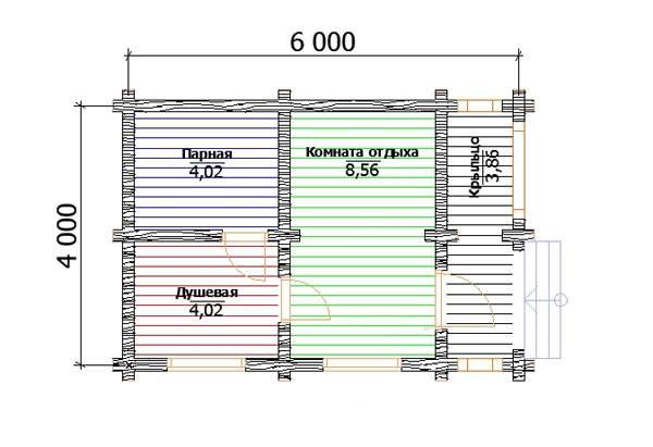 Баня з оциліндрованого брусу 4х6 м план