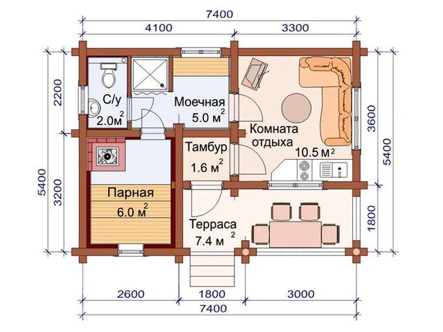 Баня з оциліндрованого брусу 6х7 м план
