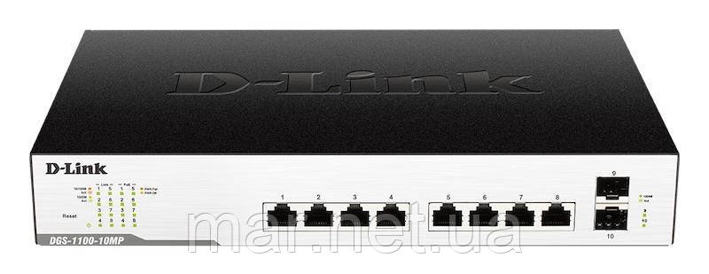 Комутатор D-Link DGS-1100-10MP 8x1GE w/PoE 2xSFP/1G, PoE 130Вт, EasySmart