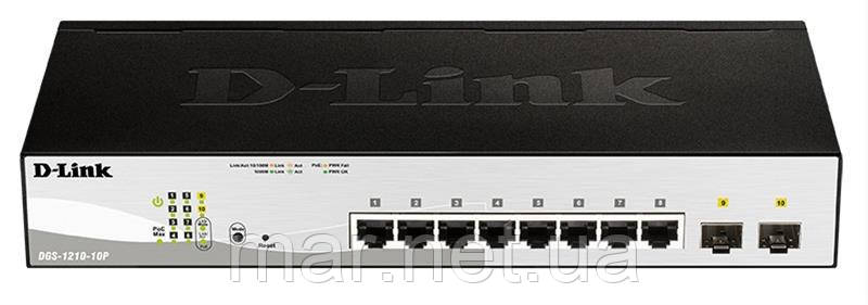 Комутатор D-Link DGS-1210-10P/F 8port 1GE PoE, 2xSFP, WebSmart