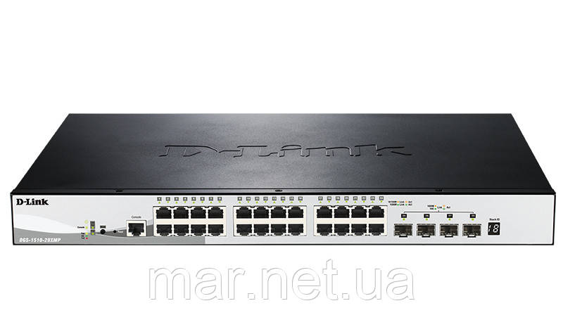 Комутатор D-Link DGS-1510-28XMP 24x1GE PoE, 4xSFP+ 10G, Стекові, SmartPro