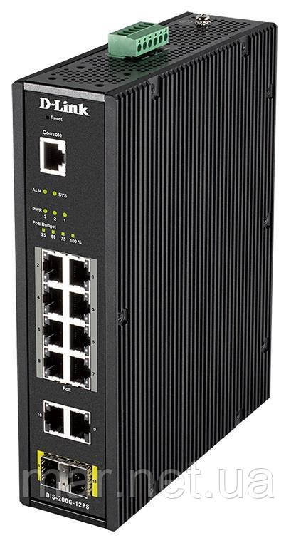 Промисловий комутатор D-Link DIS-200G-12PS 10x1GE c PoE, 2xSFP, PoE-бюджет 240 Вт, L2