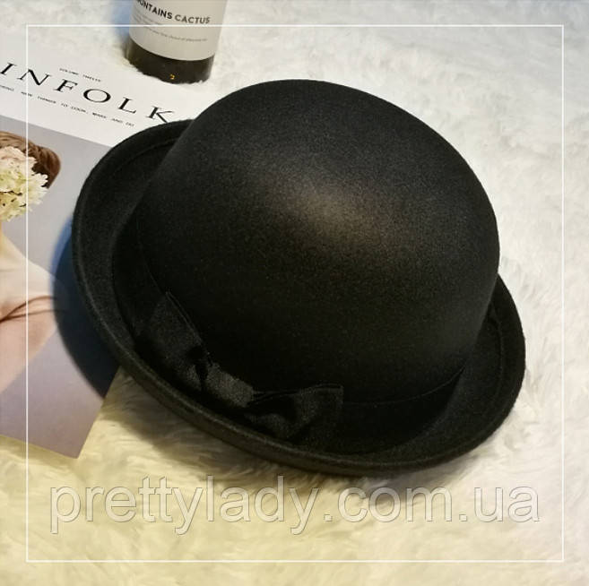 Фетровий капелюх жіночий казанок з бантиком чорна, фото 1