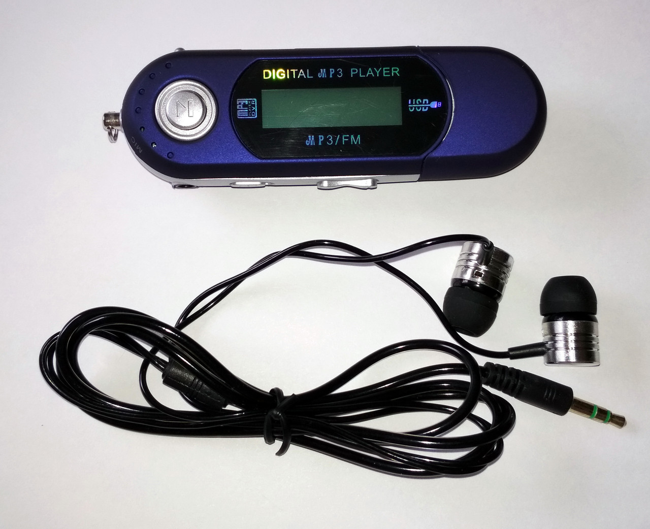 Mp3 плеєр + FM радіо + USB (на батарейці ААА) синій + навушники вакуумні, фото 1