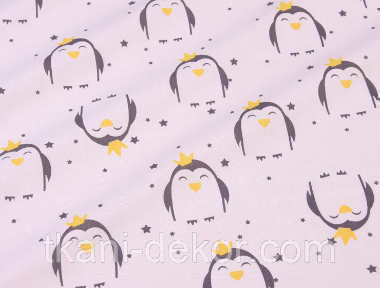 Сатин (бавовняна тканина) на білому тлі пінгвіни з короною
