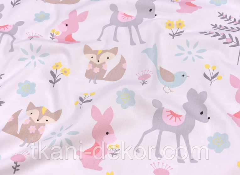 Сатин (бавовняна тканина) рожеві звірі на лісовій галявині, фото 1