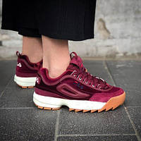 Кросівки жіночі вельветові Fila Disruptor Velvet Burgundy "Бордові" філа р. 37-40