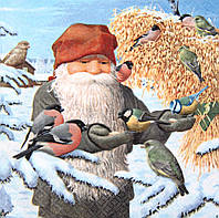 Рідка серветка для декуппажу Гном годує синичок і снігирів 4051