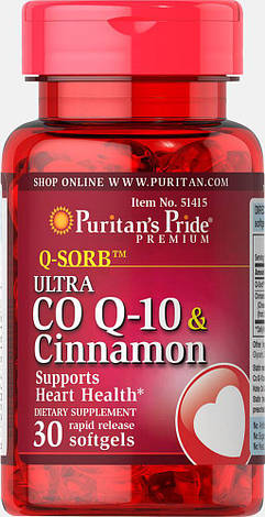 Puritan's Pride Q-SORB™ Ultra Co Q-10 120 mg & Cinnamon 250 mg 30 Softgels, фото 1