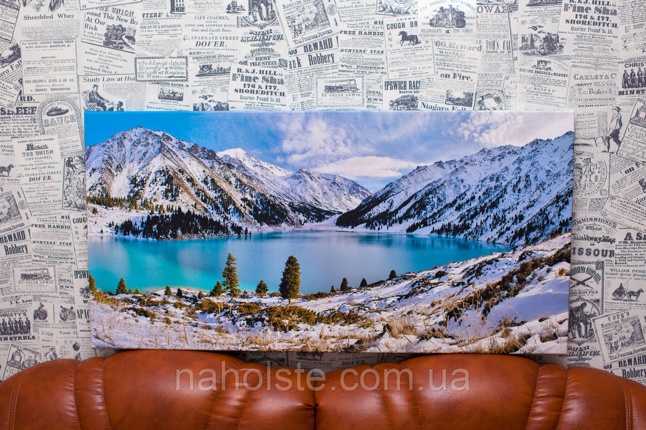 Картина на холсте "Большое Алматинское озеро. Зима. Горы". 60х30 см. - фото 1 - id-p439259780