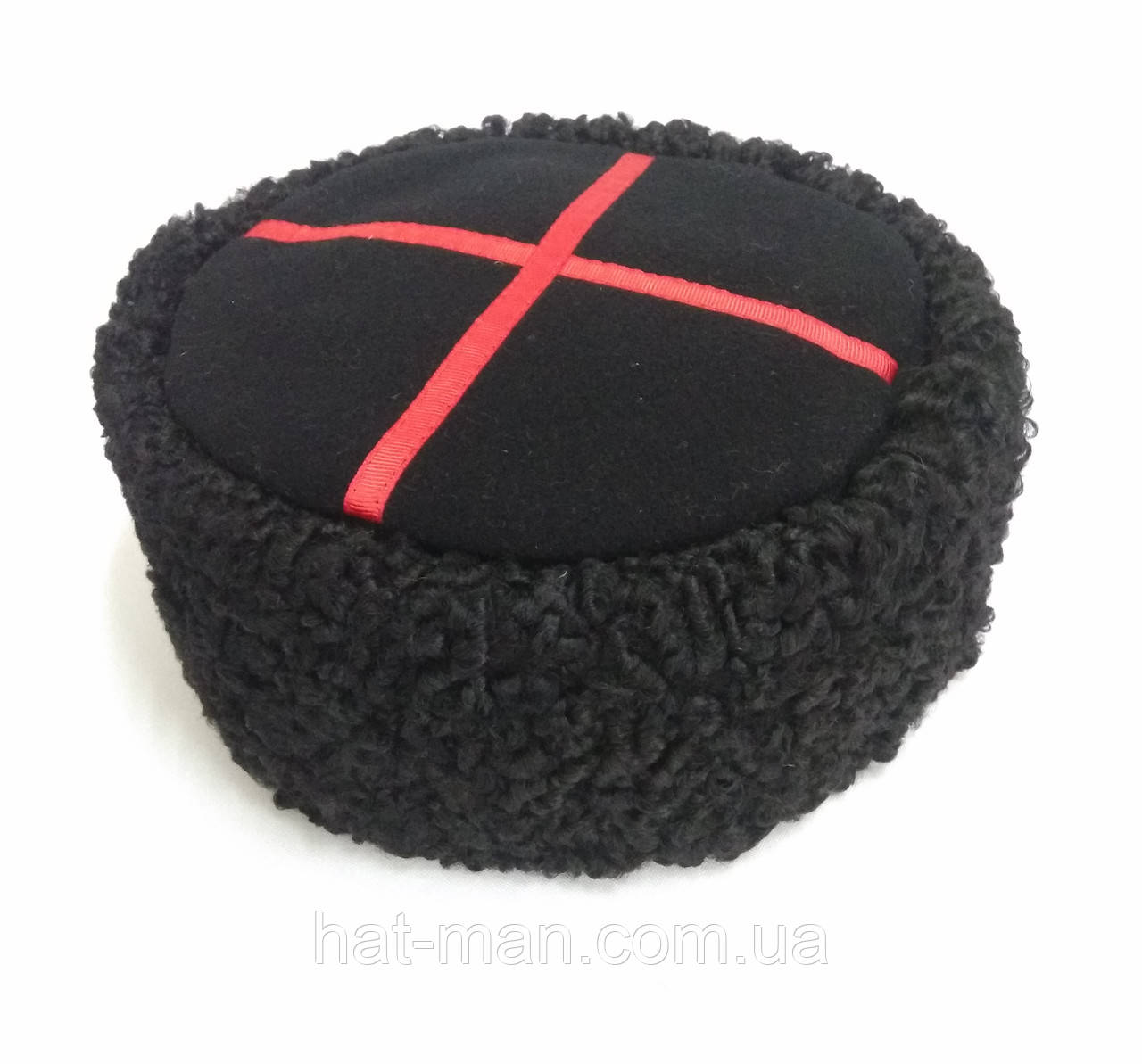 Кубанка з каракуля, чорний верх, червоний галун, фото 1