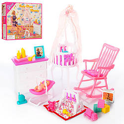 Меблі для ляльок 9929 "Дитяча кімната для доньки барбі", трюмо, крісло, дитяче ліжечко, пупс 10 см, Глорія.